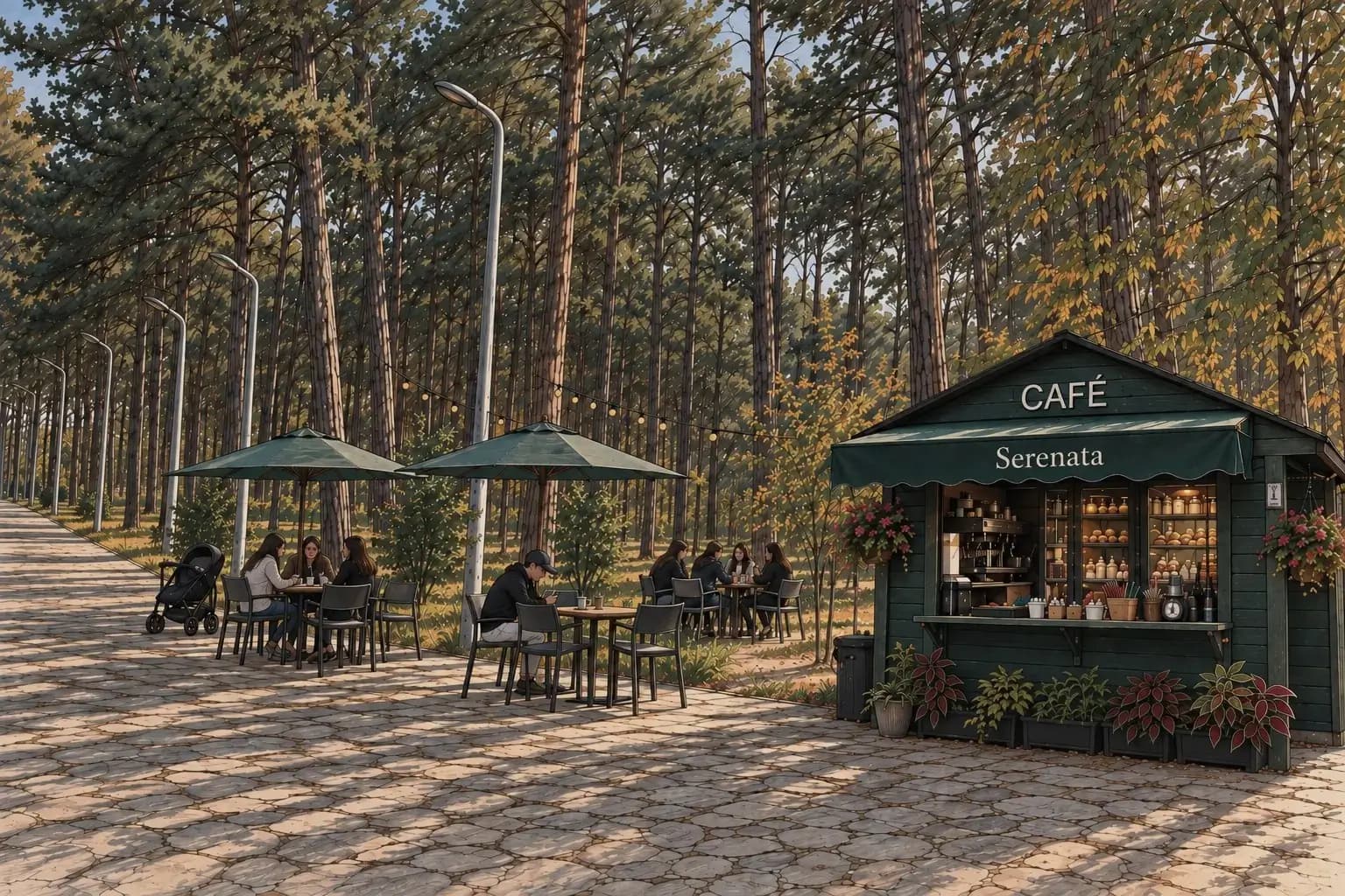 The Serenata coffee kiosk, with tables and green umbrellas under the pines of Prishtina City Park